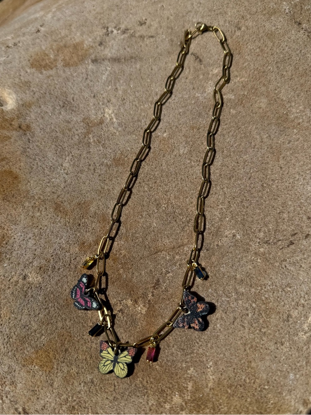 Gold Tone Wood Butterfly Charm Necklace
